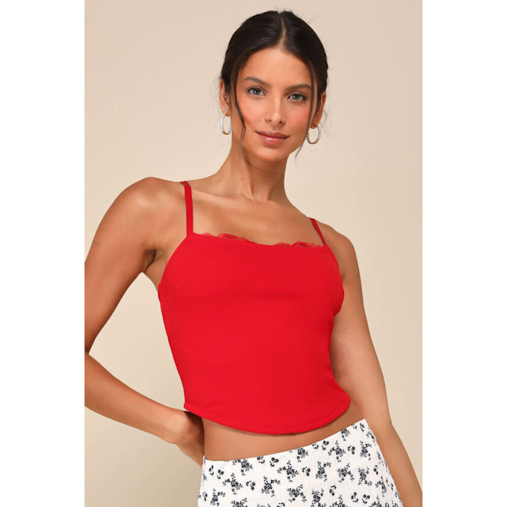 Lulus - Flirty Sweetness Red Lace Cropped Cami Top